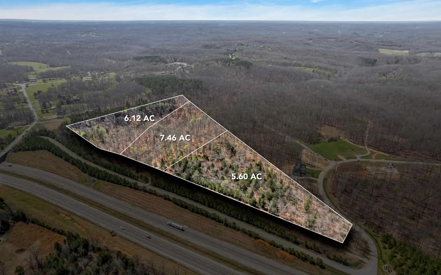 Aerial view of the Cobbler Ridge tract in Franklin with the three subdivided lots outlined and their acreages marked