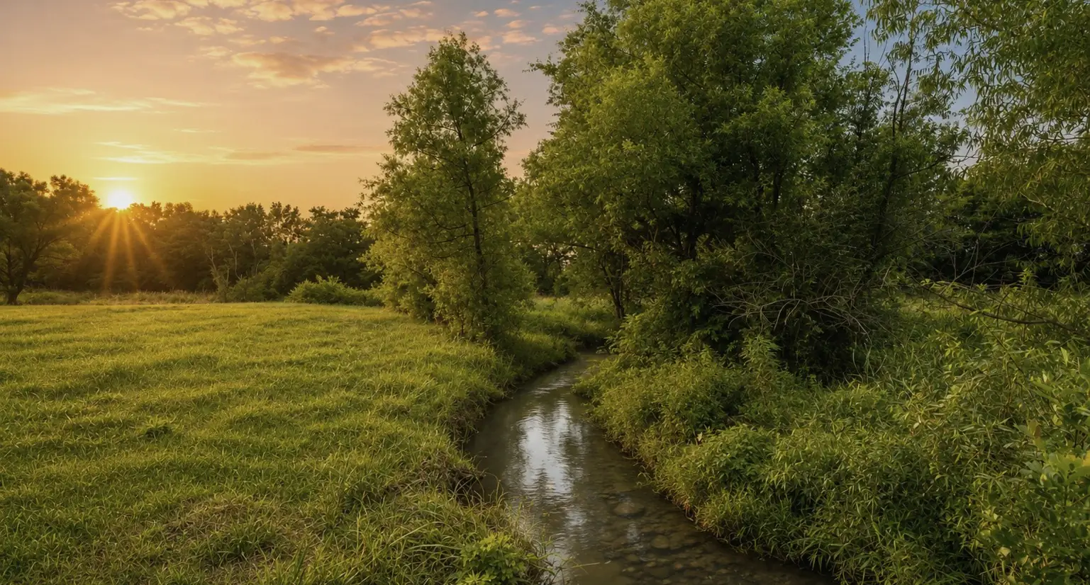 A spring-fed creek running through pasture at The Highlands at Carters Creek, Williamson County, Tennessee